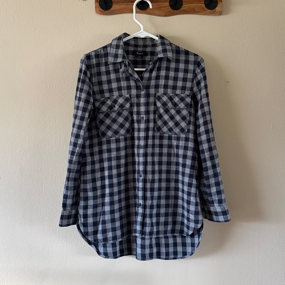 Madewell Oversized 100% Cotton Navy Grey Buffalo Plaid Flannel Shirt size S